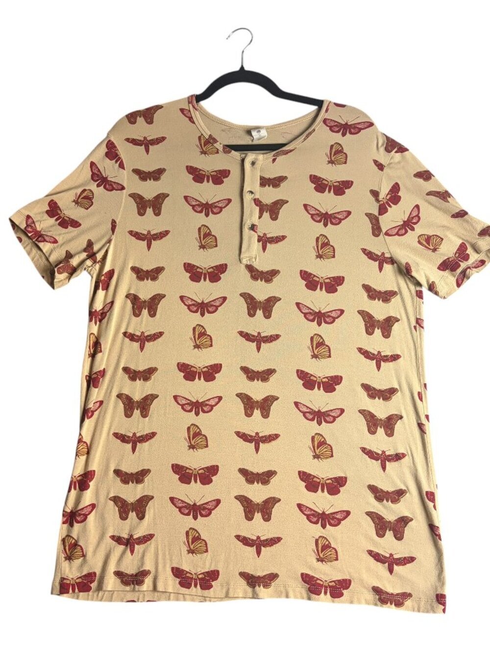 Kate Quinn Women's Size Xl Butterfly Moth Henley Tee Shirt Bamboo Viscose Tan